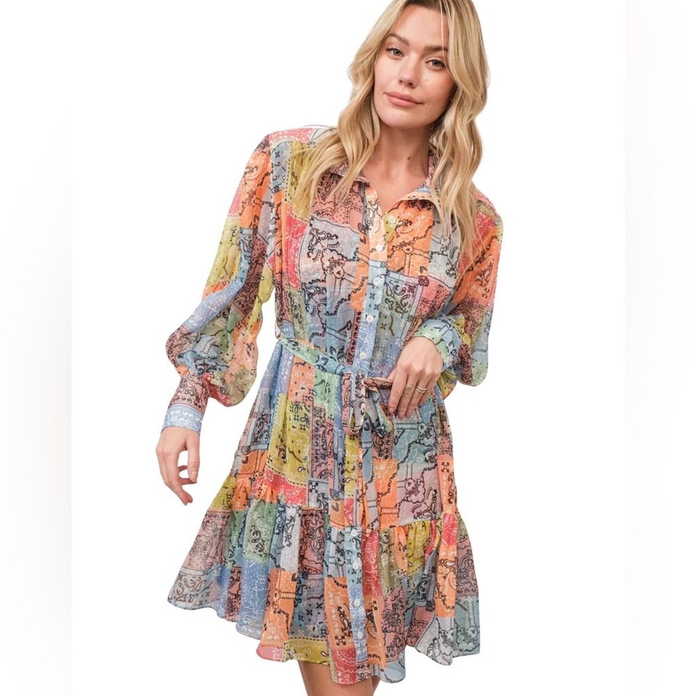 NEW blue b Multicolor Orange Patchwork Print Pais… - image 4